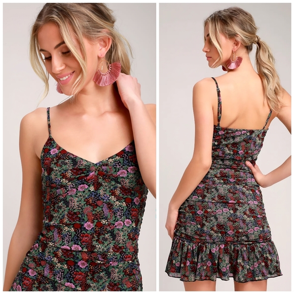 Lulus Dresses & Skirts - Lulu's Floral Mesh Ruched Green Pink Dress, M